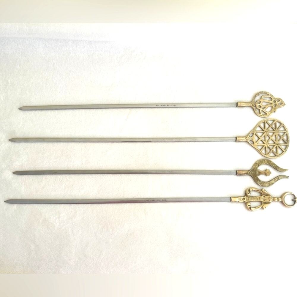 4 Vtg Turkish Greek Brass Steel Kebab Skewers Barbecue Grill Grilling Decorative